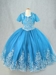 Stylish Beading and Embroidery Little Girls Pageant Dress Wholesale Baby Blue Lace Up Sleeveless Floor Length