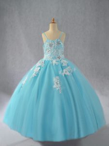 Gorgeous Sleeveless Floor Length Beading and Appliques Lace Up Little Girls Pageant Gowns with Aqua Blue