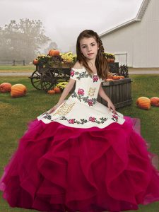 Luxurious Fuchsia Ball Gowns Straps Sleeveless Organza Floor Length Lace Up Embroidery and Ruffles Kids Formal Wear