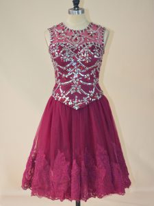 Enchanting A-line Prom Evening Gown Burgundy Scoop Tulle Sleeveless Mini Length Lace Up