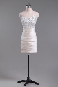  Straps Sleeveless Dress for Prom Mini Length Beading Champagne Satin