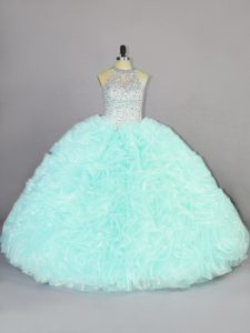  Apple Green Organza Lace Up Quinceanera Dresses Sleeveless Floor Length Beading and Ruffles