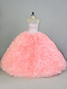 Customized Halter Top Sleeveless Quince Ball Gowns Beading and Ruffles Peach Organza