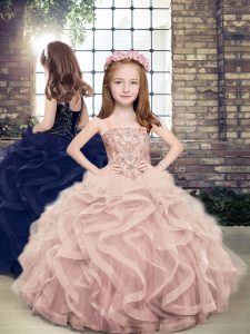 Customized Straps Sleeveless Lace Up Girls Pageant Dresses Pink Tulle