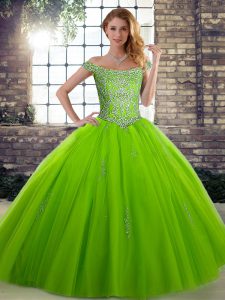 Edgy Ball Gowns Off The Shoulder Sleeveless Tulle Floor Length Lace Up Beading Quinceanera Dress