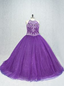 High End Sleeveless Brush Train Beading Lace Up Quinceanera Gown