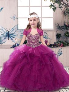  Straps Sleeveless Lace Up Little Girls Pageant Dress Fuchsia Tulle