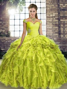  Off The Shoulder Sleeveless Brush Train Lace Up 15th Birthday Dress Yellow Green Organza
