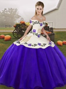 Hot Selling White And Purple Sweet 16 Dresses Military Ball and Sweet 16 and Quinceanera with Embroidery Off The Shoulder Sleeveless Lace Up