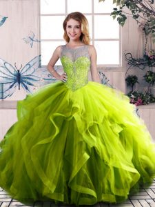  Floor Length Olive Green Sweet 16 Quinceanera Dress Tulle Sleeveless Beading and Ruffles