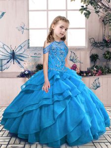 Custom Designed Aqua Blue Organza Lace Up Little Girls Pageant Gowns Sleeveless Floor Length Beading and Ruffles
