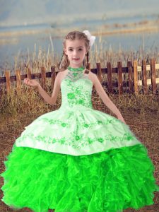 Attractive Green Lace Up Halter Top Beading and Embroidery and Ruffles Little Girl Pageant Dress Organza Sleeveless