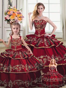 Floor Length Wine Red Ball Gown Prom Dress Satin and Organza Sleeveless Embroidery and Ruffled Layers