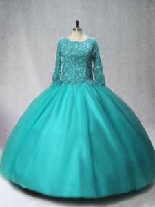  Floor Length Turquoise Quinceanera Gown Scoop Long Sleeves Lace Up
