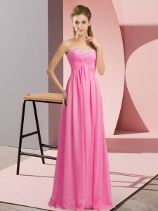 New Style Rose Pink Sleeveless Beading Floor Length Prom Dress