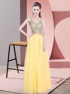 Custom Made Gold Empire Tulle V-neck Sleeveless Beading Floor Length Zipper Prom Party Dress