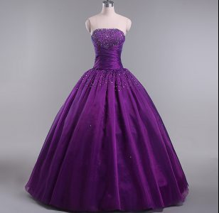 Dynamic Strapless Sleeveless Lace Up Quinceanera Gowns Eggplant Purple Tulle