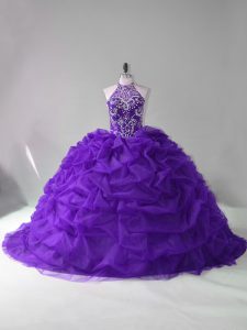 High End Strapless Sleeveless 15th Birthday Dress Court Train Beading and Pick Ups Purple Organza