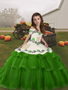 New Style Green Lace Up Straps Embroidery and Ruffled Layers Child Pageant Dress Tulle Sleeveless
