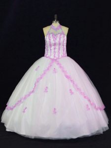 Exquisite Floor Length Lace Up Quince Ball Gowns White for Sweet 16 and Quinceanera with Appliques