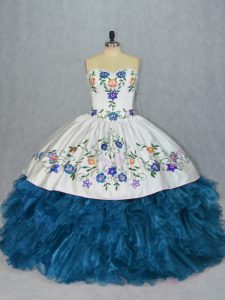  Blue Sweetheart Lace Up Embroidery and Ruffles 15 Quinceanera Dress Sleeveless
