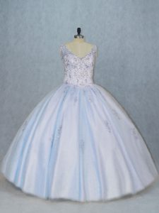 Amazing Blue Sleeveless Floor Length Beading Side Zipper Sweet 16 Dresses