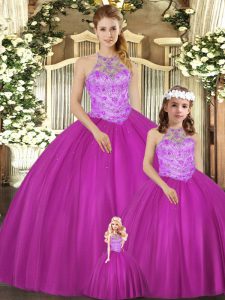 Elegant Floor Length Fuchsia Sweet 16 Dresses Tulle Sleeveless Beading