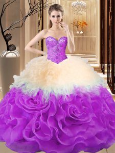  Multi-color Ball Gowns Fabric With Rolling Flowers Sweetheart Sleeveless Beading and Ruffles Floor Length Lace Up 15 Quinceanera Dress
