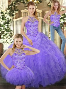 Modest Lavender Lace Up Halter Top Beading and Ruffles Quinceanera Gowns Tulle Sleeveless