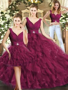 Luxury Floor Length Backless Quinceanera Dresses Burgundy for Military Ball and Sweet 16 and Quinceanera with Beading and Ruffles
