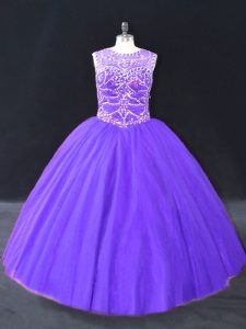 Designer Purple Sweet 16 Dress Sweet 16 and Quinceanera with Beading Halter Top Sleeveless Lace Up