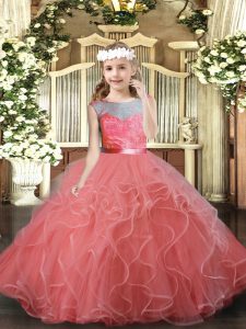  Watermelon Red Tulle Backless Scoop Sleeveless Floor Length Kids Formal Wear Lace and Ruffles