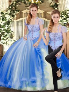 Beautiful Strapless Sleeveless Tulle Quince Ball Gowns Beading and Ruffles Lace Up
