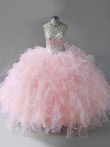 Fitting Pink Halter Top Neckline Beading and Ruffles Vestidos de Quinceanera Sleeveless Lace Up