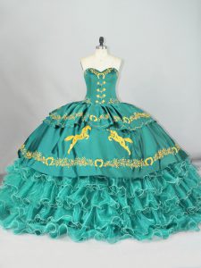 Cheap Turquoise Quince Ball Gowns Satin and Organza Brush Train Sleeveless Embroidery and Ruffled Layers
