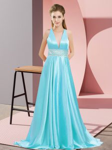  Aqua Blue Elastic Woven Satin Backless V-neck Sleeveless Prom Dress Brush Train Beading