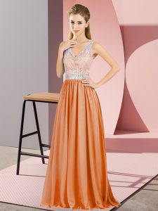 Hot Sale Beading and Lace Evening Dress Orange Backless Sleeveless Floor Length
