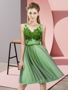 Modest Apple Green Empire Appliques Quinceanera Court of Honor Dress Lace Up Tulle Sleeveless Knee Length