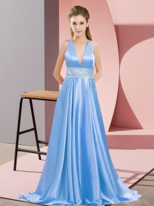  Baby Blue Elastic Woven Satin Backless Prom Gown Sleeveless Brush Train Beading