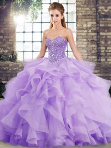 Fashionable Sleeveless Beading and Ruffles Lace Up Sweet 16 Dress with Lavender Brush Train