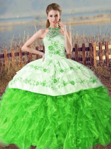  Organza Lace Up Ball Gown Prom Dress Sleeveless Court Train Embroidery and Ruffles