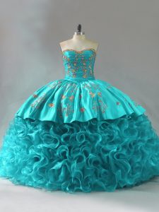  Brush Train Ball Gowns Sweet 16 Dresses Aqua Blue Sweetheart Fabric With Rolling Flowers Sleeveless Lace Up