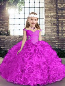 Discount Sleeveless Fabric With Rolling Flowers Floor Length Lace Up Little Girl Pageant Dress in Fuchsia with Beading