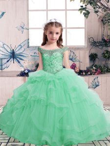 Custom Fit Sleeveless Floor Length Beading Lace Up Little Girls Pageant Dress with Apple Green