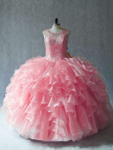  Pink Organza Lace Up Scoop Sleeveless Sweet 16 Quinceanera Dress Beading and Ruffles