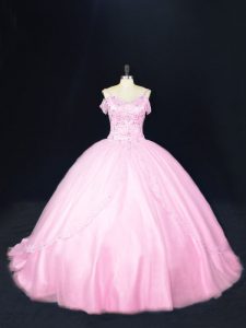 Amazing Lace Up Sweet 16 Dresses Baby Pink for Sweet 16 and Quinceanera with Beading Court Train