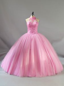  Baby Pink Ball Gowns Beading 15 Quinceanera Dress Lace Up Tulle Sleeveless Floor Length