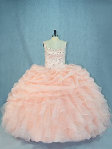 Eye-catching Sleeveless Beading Lace Up Ball Gown Prom Dress with Peach