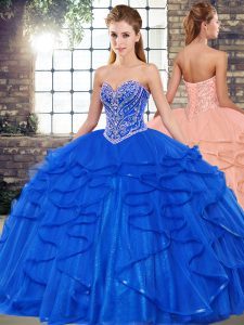 Fashionable Royal Blue Quinceanera Gown Military Ball and Sweet 16 and Quinceanera with Beading and Ruffles Sweetheart Sleeveless Lace Up