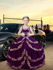  Purple Ball Gowns Embroidery Little Girl Pageant Dress Lace Up Satin Sleeveless Floor Length